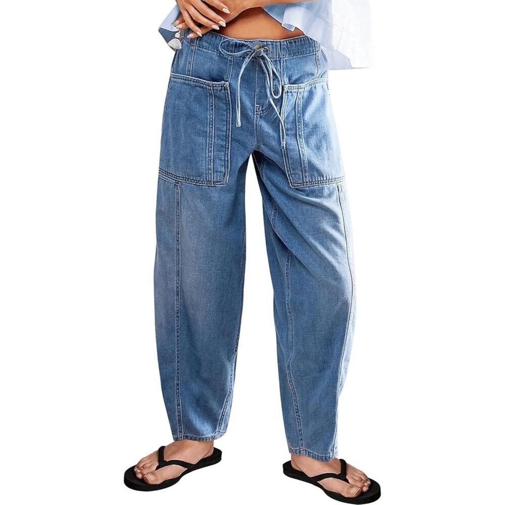 Women’s Stretch Denim Barrel Jeans Elastic Waist Wide Leg Crop Casual